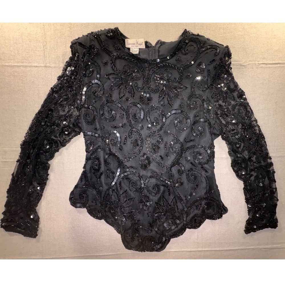 Laurence Kazar Black Silk Beaded Sequin Floral Evening Top Long Sleeve Large